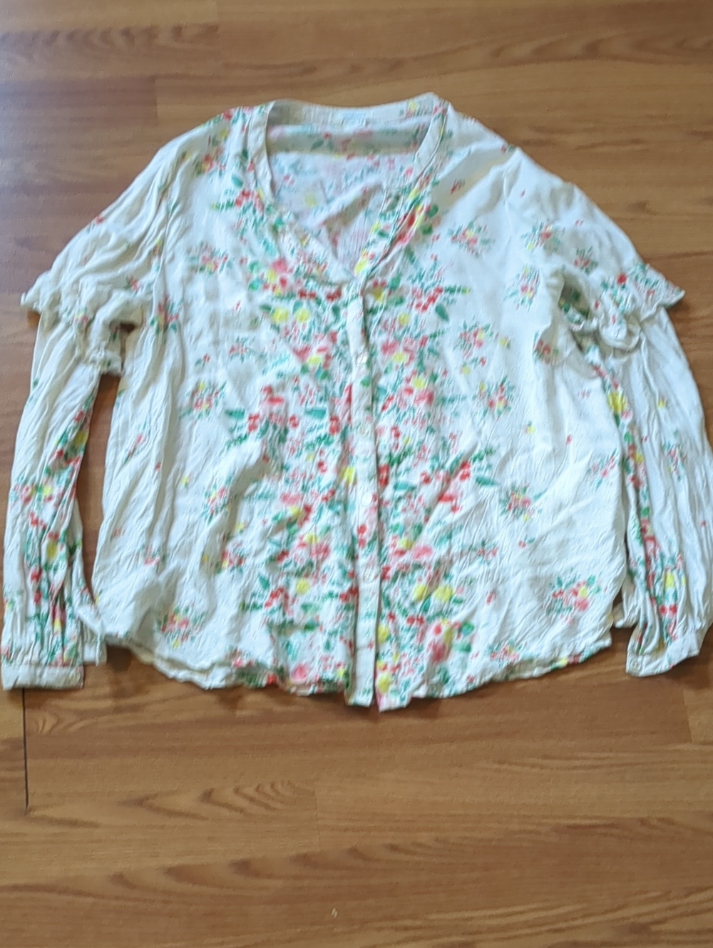 Sundance Silk Blend Watercolor Floral Blouse Ruffle Elbow Button Cuff L